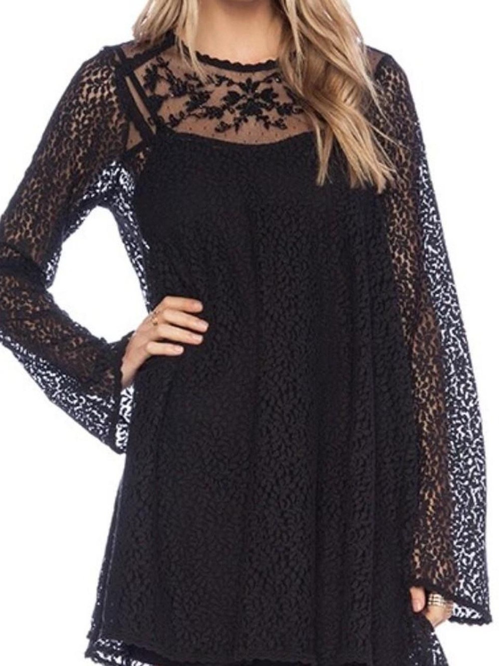 Free People "Rodeo Bella" Sheer Black Embroidered Lace Mini Dress / Tunic